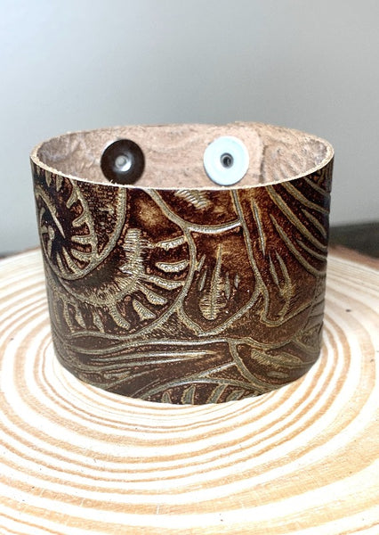 Brown Leather Tooled Cuff Bracelet