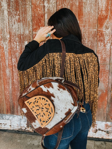 The Cassidy - Black Denim Jacket with Cheetah Leather Fringe